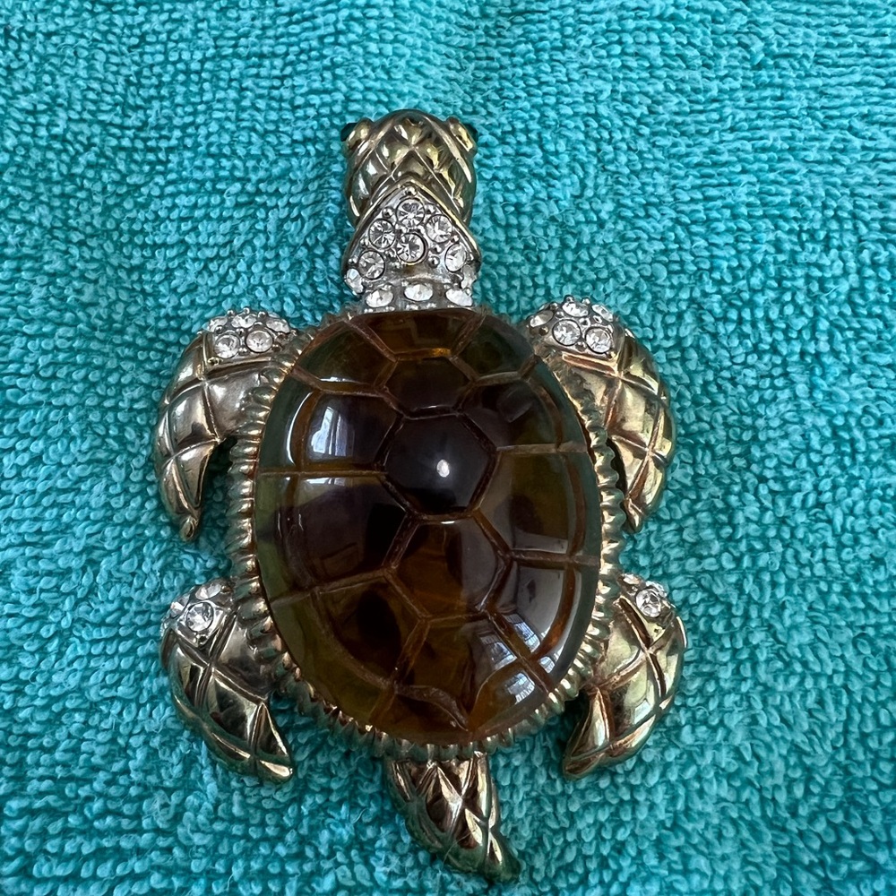 Elegant Brown and Silver Turtle Brooch with Sparkling Details